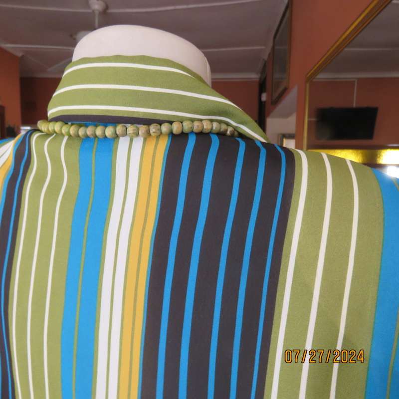 Fabulous DONNA CLAIRE size 42 blue/green/mustard/black vertical striped polyester top. Brand new con