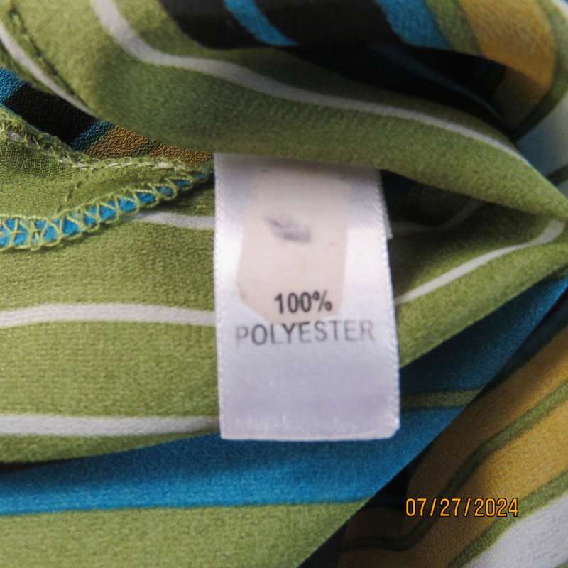Fabulous DONNA CLAIRE size 42 blue/green/mustard/black vertical striped polyester top. Brand new con