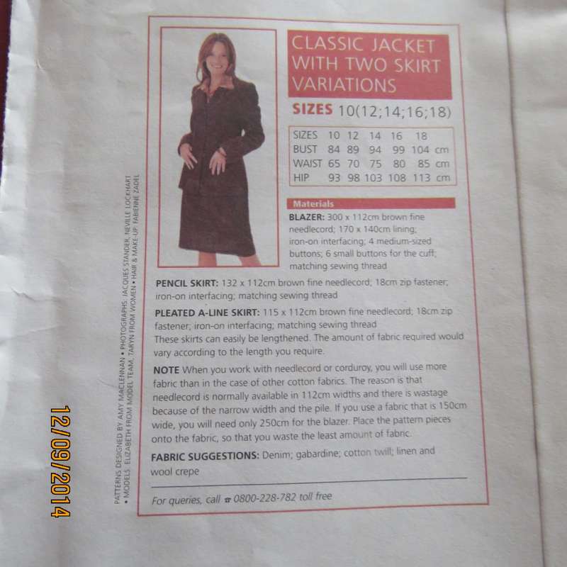 Sewing pattern by VALUE Classics sizes 10 to 18 for blazer and 2 version skirts. As new.