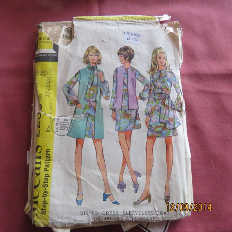 Sewing pattern by McCALLS sizes 34 to 42 for dress and sleeveless coat. Used but complete.