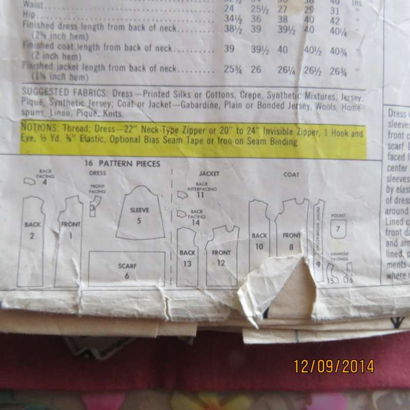 Sewing pattern by McCALLS sizes 34 to 42 for dress and sleeveless coat. Used but complete.