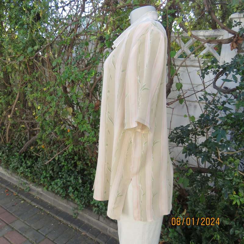 Elegant button down open V and collar top. Peach/green/cream pattern stripes. Size 42. New condition