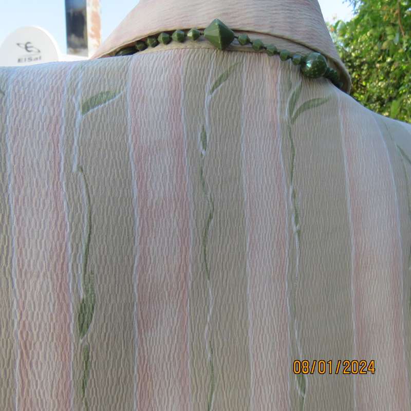 Elegant button down open V and collar top. Peach/green/cream pattern stripes. Size 42. New condition