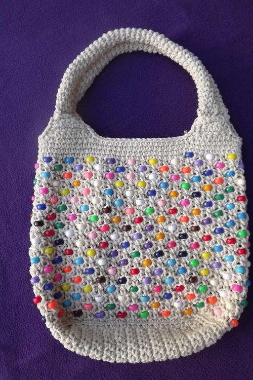 Cream Lined Hand Crocheted Handbag with Zip and Colourful Beads