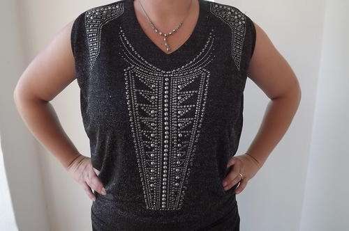 Black Shimmering Stretch Top with studded decoration in front - free size - will fit up to size 42