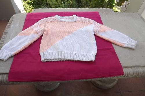 Hand Knitted Jersey in Soft Peach and White to fit 5/6 year old child