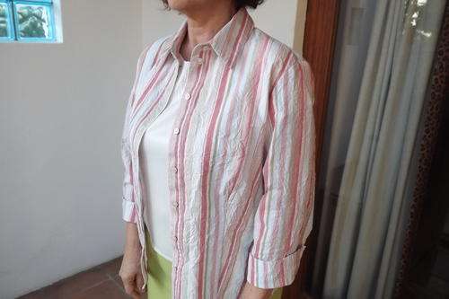 Striped Shirt in creased polycotton. Beige,apricot and avo.Size 36/12. Shirt collar. Good condition.