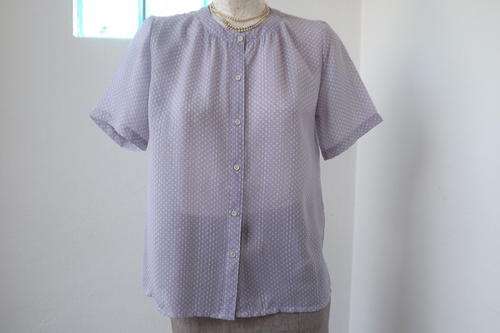 Stunning Light Grey/Lavender Blouse with white polka dots - High Round Neck  in size 36/12   XXX
