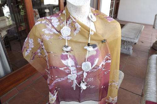 Silky Scarf in Plum & Gold colour with Japanese Bird Design - 150x52cm
