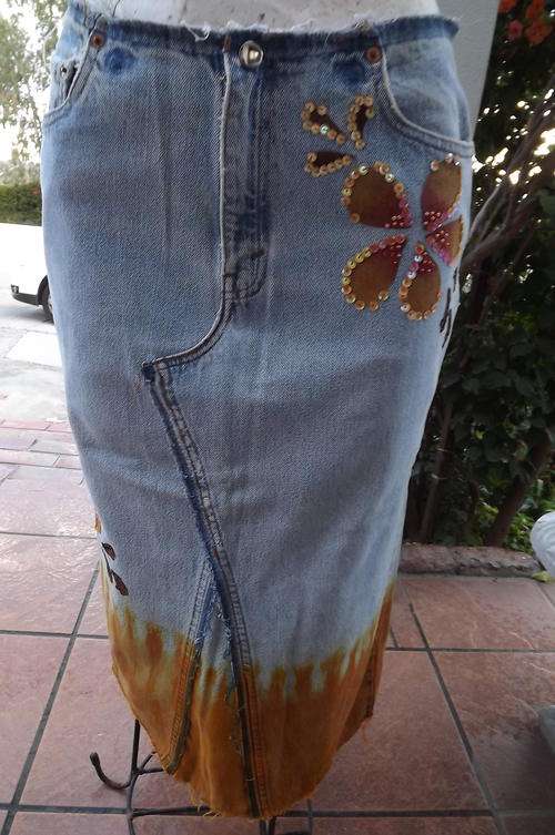 Decorated Denim skirt from Craft market made from pieces of different  jeans.size 34