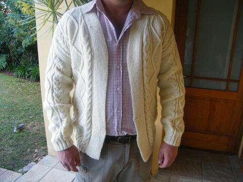 Hand Knitted Cream Men's Cardigan in Luxury Aran Pattern - shoulder to waist - 67cm - no buttons