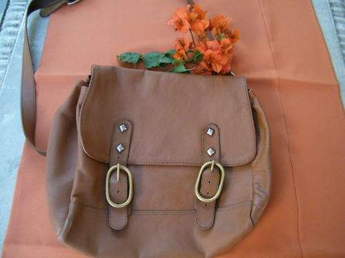 Tan Leather Sling Bag in used condition - Brass Buckles and Stud Decoration