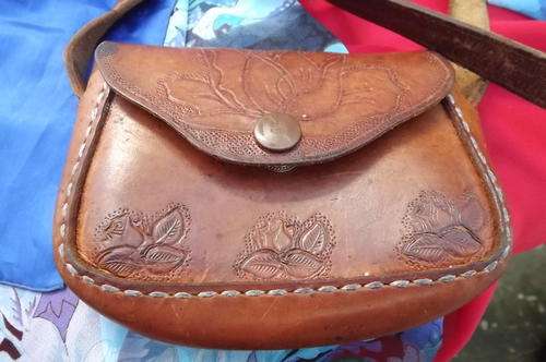 Small Genuine Leather Sling Bag with Adjustable Strap - 9x12.cm - craftwork on the outside