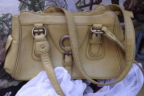 Green Handbag with 2 Divisions, 3 Zips and 2 Side Pockets - no name but looks like good quality