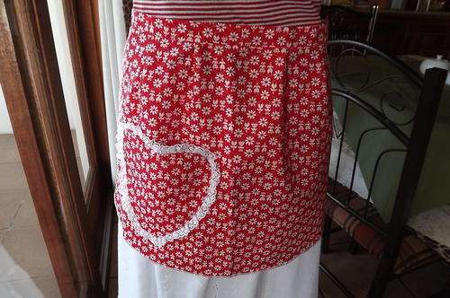 Red & White Floral Apron with Heart Pocket - never used