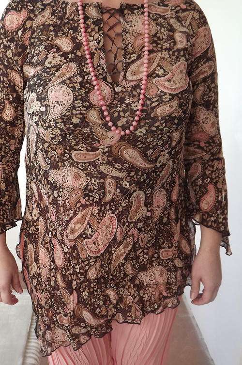 Long High/Low Crinkle Fabric Top with 3 Quarter Sleeves - neck front laced up with ribbon-size 14/38