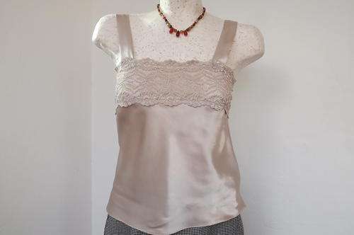 Taupe Satin Camisole with wide lace decoration in front in size 8/32 - as new