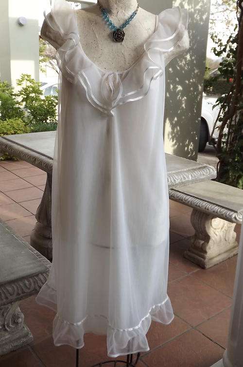 Vintage White Nylon Nightie in 2 layers with beautiful double frill around neck and hemline - size S