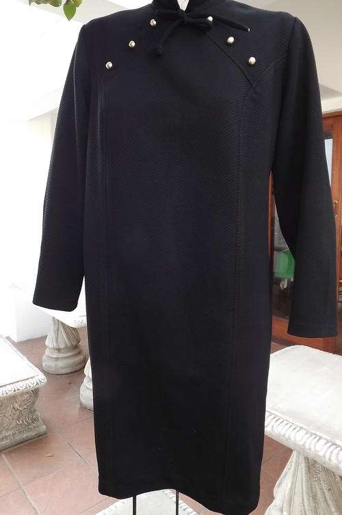 Black Vintage Crimplene Dress with High Neck in size 12/36 by Miladi not Milady's