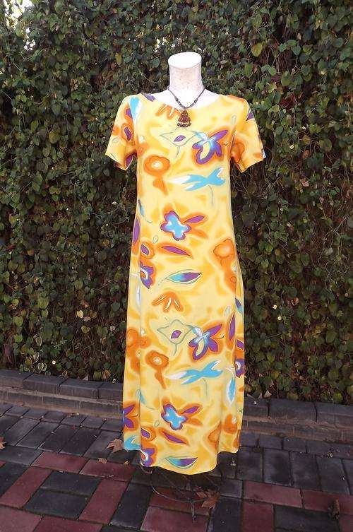 Bold Printed Long Yellow Polycotton Dress to fit size 8/32 to small 34 - good condition