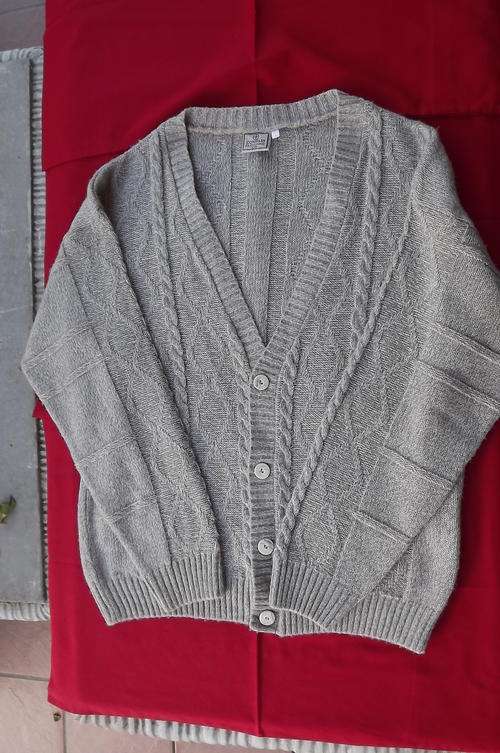 Men's Beige Cardigan "Compass Clothing Co"-size L-Knitted in Acrylic Aran Pattern with narrow cables