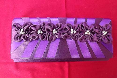 Deep Purple Satin Evening Clutch Bag with Satin Flowers and Simulated Diamond Decor - 12x24cm