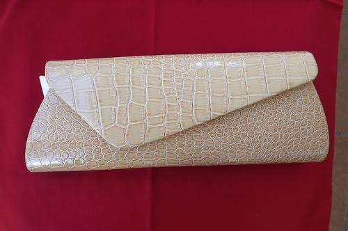 Beige Shiny Simulated Snakeskin Clutchbag in unique design-13x31-choice of short & long chain sling