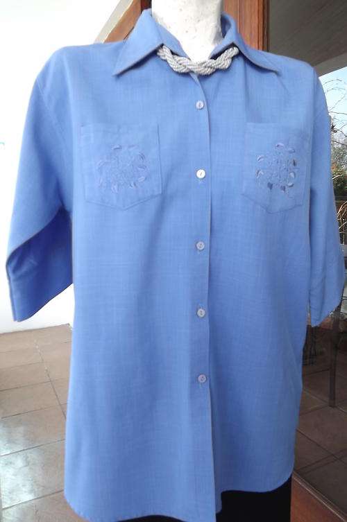 Steel Blue Ladies Shirt in wash & wear fabric in size 14/38 - pretty embroidery on pockets - as new
