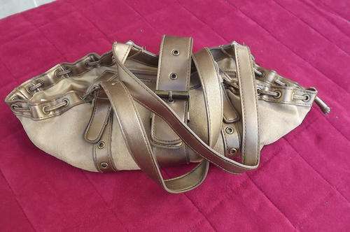 Polyester Suedette Handbag with 2 Side Drawstrings and Bronze Colour Straps - 17x32cm