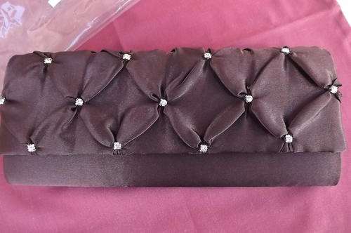 Chocolate Brown Satin Evening Clutch Bag decorated with simulated diamonds-long chain sling-12x28cm