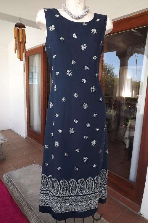Navy Ankle Length Dress with White Floral Pattern and Border Around Seam in size 10/34-as new