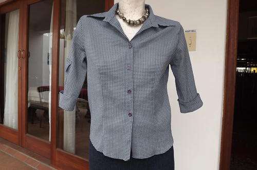 Blue Check Shirt-Crinkled Fabric by Coco Bay-size 10/34-styled with small pocket on 1 arm-good cond