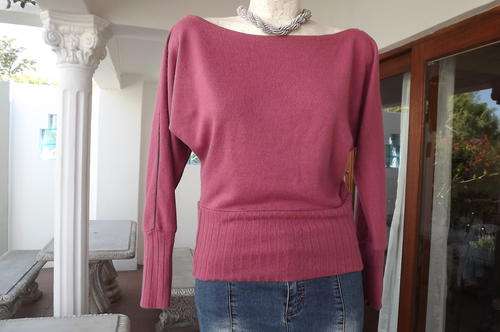 Pink Acrylic Jersey Top by Scarlet Fever - Boat Neck & Bat Wing Sleeves - size 8/32 - good condition
