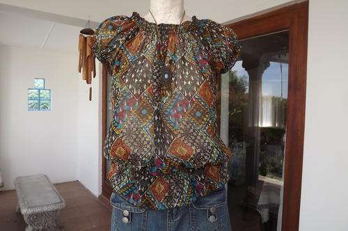 Blouson Type Top in Dark Patterned Chiffon Fabric - browns & blues in size 14/38 - very good cond