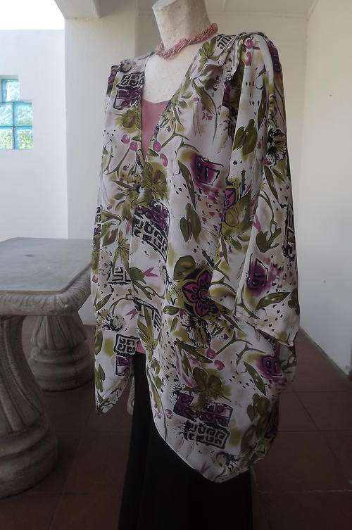 Silky Loose Flair Jacket - Bat Wing Sleeves in Beige with Green & Lavender Pattern-will fit 38 to 42