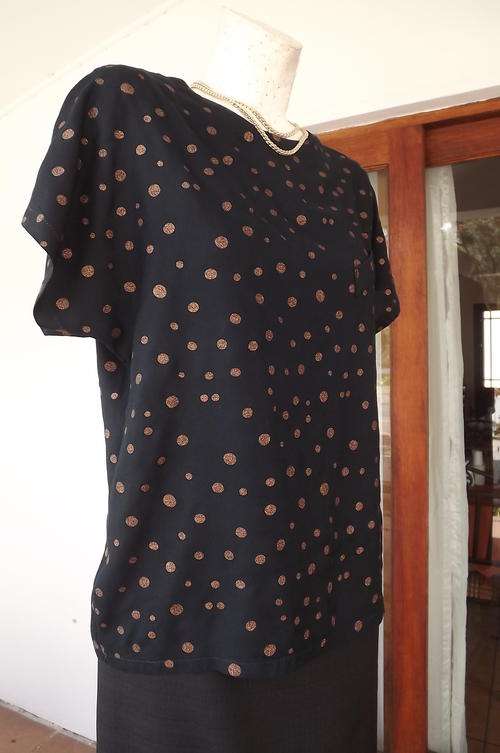 Black Viscose Woolworths Top with Gold Colour Dots size 10/34 - evening or day wear - as new.
