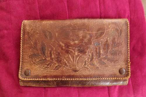 Light Brown Clutch Bag with Embossed Initials SB and Flower - unique - made in England - used cond
