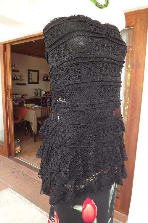 Black Long Lace Top with Frills - Strapless with Elasticated Back in size 8/32 - good condition