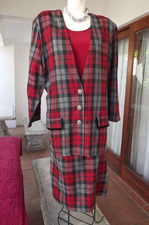 Red, Black & Grey Check 2 Piece Suit by Donna Claire in size 18/42 - as new condition