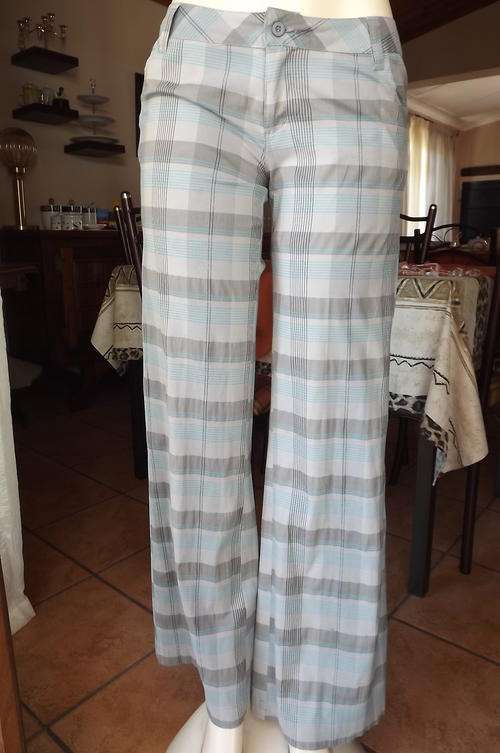 Fashionable Blue/Grey Horizontally Striped Polycotton Casual Pants in size 10/34 - good condition