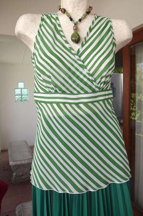 Green & White Diagonally Striped Long Top - Cross Over Bustline in size 8/32 - very good condition