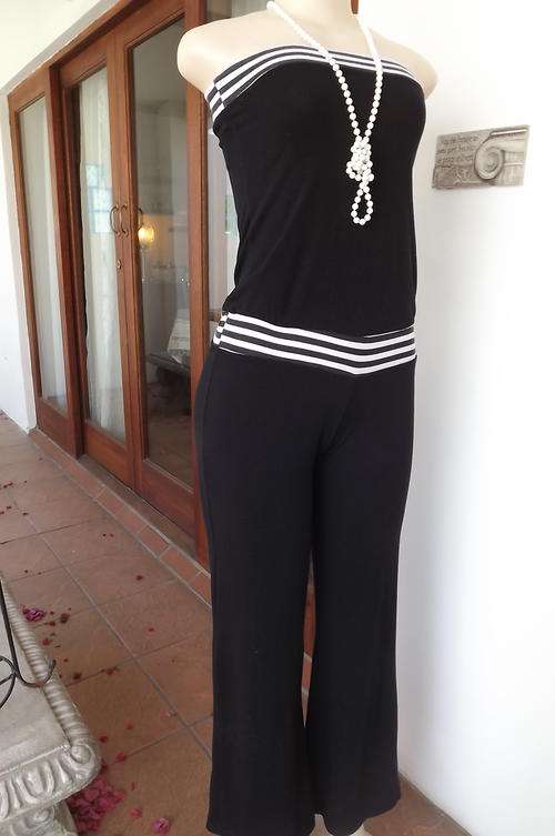 Sexy Black Jumpsuit with Horizontal Black & White Striped Elasticated Waistband & Top in size 8/32