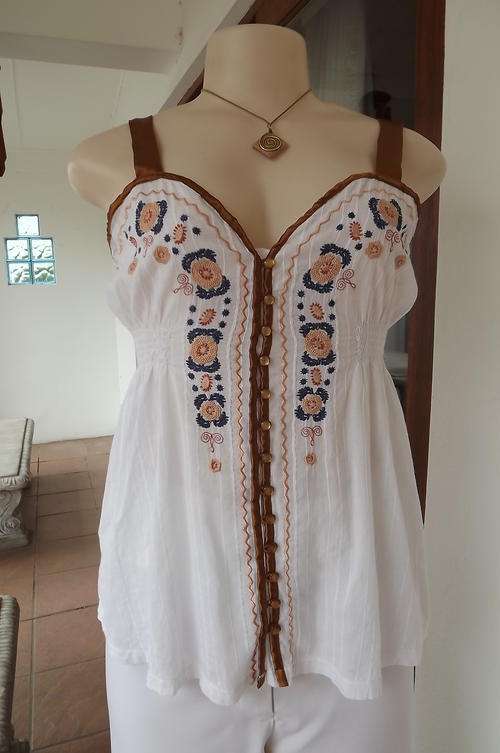 Sexy Cool White Summer Top with Golden Brown Ribbon Straps & Embroidery on Front-size6/30- good cond