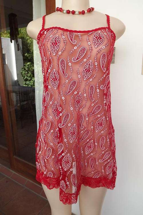 Very Sexy Sheer Red Nighty with White Designs and some Glitter in size 8/32 - very good condition