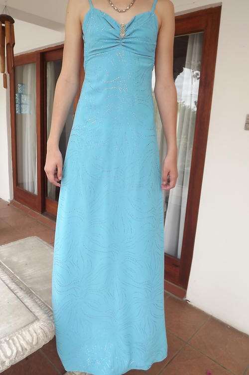 Long Light Blue Matric Farewell Dress for size 6/30 designed & made by student for herself-good cond