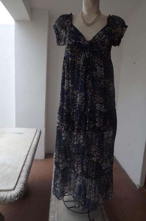 Blue, White & Beige Floral Long Dress in Sheer Polyester in size 14/38 - as new condition