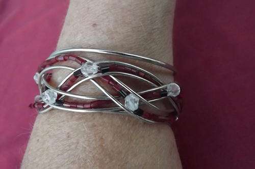 Handmade Wire Bracelet with Gold Brown Beads and Simulated Diamonds - ajustable width - new item