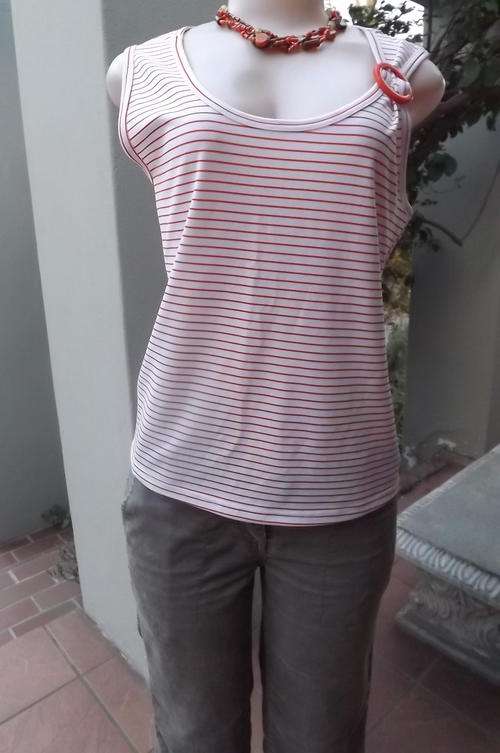 White & Orange Horizontally Striped Top with Buckle on Left Side to fit size 38 to 40 - good cond