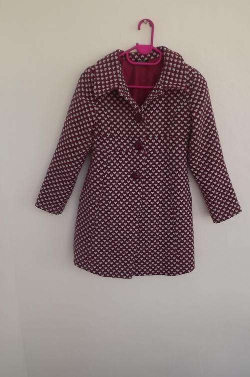Crimson Colour Lined Jacket with Small White Hearts for 10-11yr old Girl-polyester/wool mix-washable