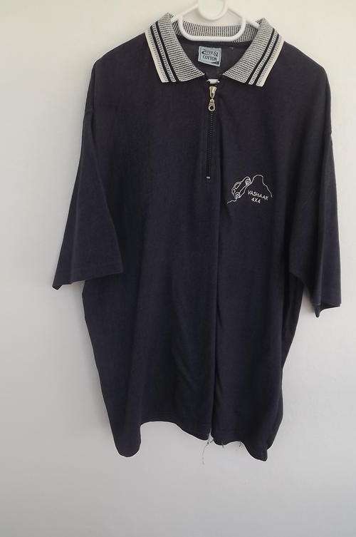 Men's Navy I Tee Cotton Polo Shirt in size XL-4x4 Vashaak Design on front-short zip in front-as new